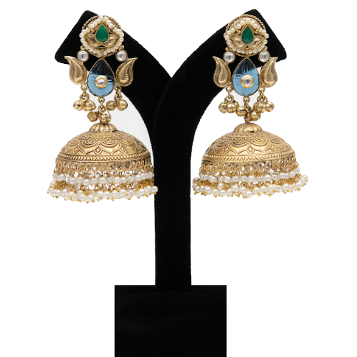 Traditional Gold Finish Green Stone Jhumka Earrings for Women